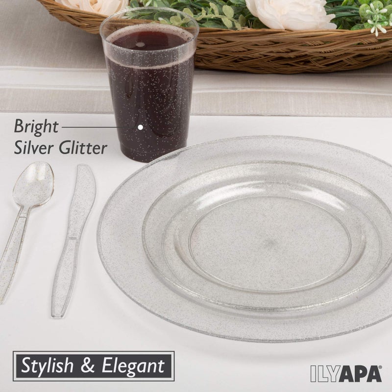 Ilyapa 100 Pack 6 Inch Disposable Dessert Plates, Plastic Clear Party Sets for 100 Guests, Clear Appetizer and Cake plates 6", Party & Dinner Accessories, Silver Glitter - Image 3